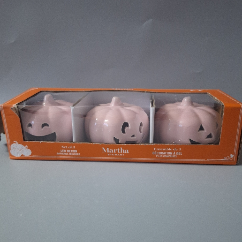 Martha Stewart Pink Ceramic LED Pumpkins Set of 3 Halloween Decor Light Up.